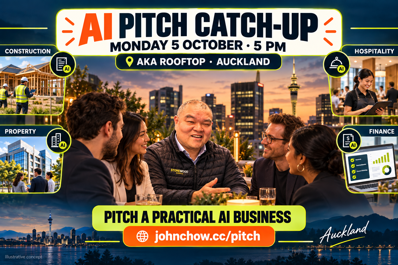 Illustrated vision board for the AKA Rooftop AI pitch catch-up
